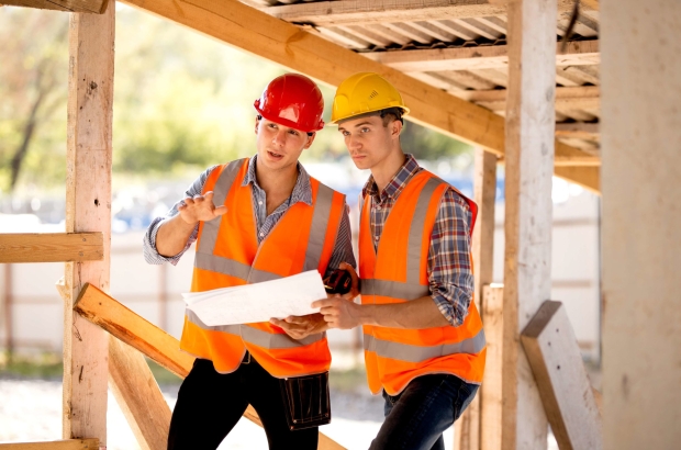 Two men dressed in shirts, orange work vests and helmets explore construction documentation on the building site near the wooden building constructions
